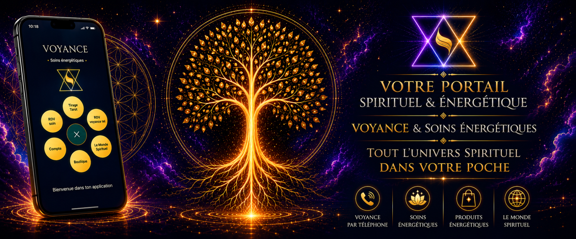 Smartphone affichant l’app Voyance, arbre doré lumineux et texte “Votre portail spirituel & énergétique”.